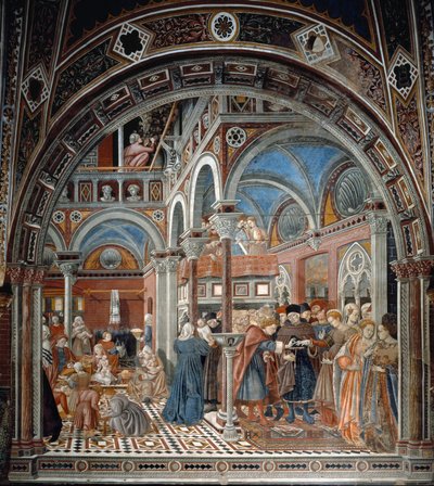 Vista del orfanato de Santa Maria della Scala en Siena. A la izquierda, las nodrizas cuidan a los niños abandonados; a la derecha, una mujer embarazada obligada a casarse. Fresco de Domenico di Bartolo (activo entre 1428 y 1447) Spedale di Santa Maria dell de Domenico di Bartolo