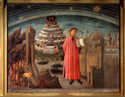 Dante Alighieri y su comedia. Retrato del inquilino Dante en la divina comedia principal de Domenico di Michelino