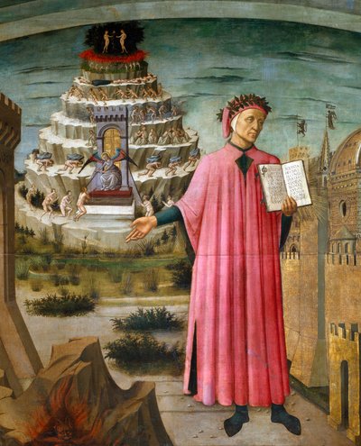 Dante Alighieri sosteniendo su poema la Divina Comedia. Cerca de él, el infierno, y la ciudad de Florencia, en el fondo el Purgatorio y el Paraíso de Domenico di Michelino