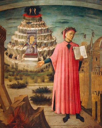 Dante Alighieri con la Divina Comedia en la mano y montañas del purgatorio en el fondo (detalle) de Domenico di Michelino