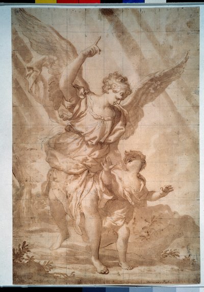 ""El ángel de la guarda"" (Ángel de la guarda) Dibujo a pluma de Domenico Piola (1627-1703) Museo Pushkin, Moscú de Domenico the Elder Piola