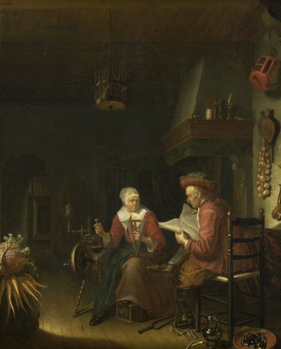 Interior con un hombre leyendo y una mujer hilando de Domenicus van Tol