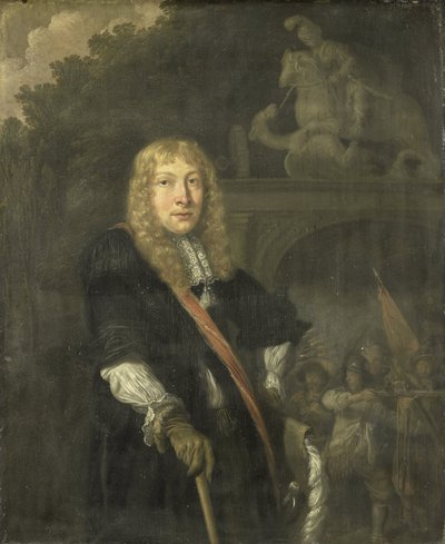 Retrato de un oficial de la guardia cívica de Leiden delante de la puerta del cuartel de la guardia de San Jorge de Domenicus van Tol