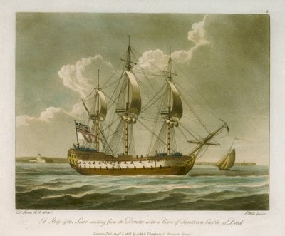 Un buque de línea navegando desde los Downs con vistas al castillo de Sandown en Deal de Dominic Serres
