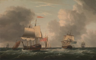 Un barco inglés de dos puentes atracado, con otros barcos y embarcaciones en una brisa fresca. de Dominic Serres