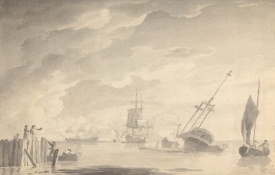 Escena de batalla, tres acorazados, uno hundiéndose; figuras a la izquierda en bote de remos y de pie en el muelle. de Dominic Serres