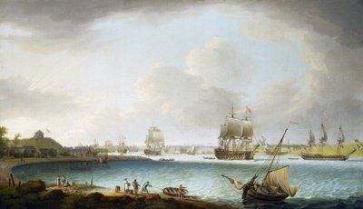Escuadra de buques de guerra de la Marina Real Británica en Plymouth, Inglaterra. Óleo sobre lienzo de Dominic Serres