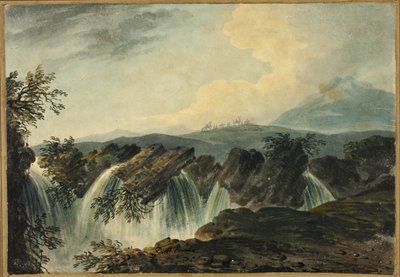 Caravana de camellos cruzando el plano por encima de una cascada de Dominic Serres