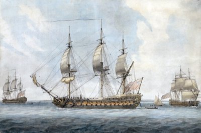 Retrato de un navío británico de 74 cañones, en Solent (Inglaterra), visto desde tres ángulos diferentes. Pintura de Dominic Serres el Viejo (1719-1793), acuarela hacia 1788. de Dominic Serres