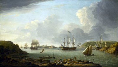 Regreso de una flota a Plymouth (Inglaterra), descripción de la ciudad y la bahía, incluyendo la isla Drake y la montaña Edgcumbe. Óleo sobre lienzo de Dominic Serres