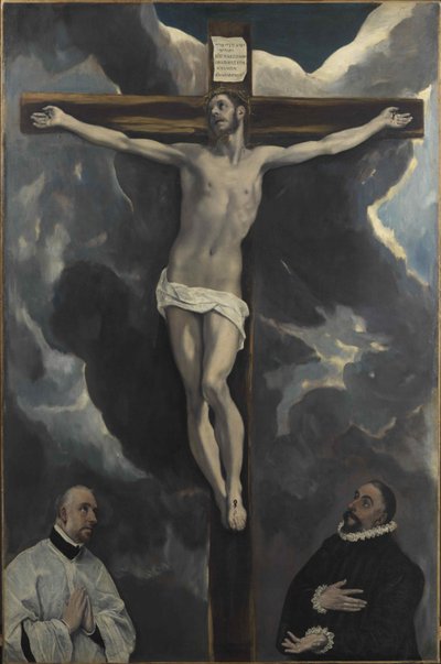 Cristo en la cruz adorado por dos donantes, finales del siglo XVI de Dominico El Greco