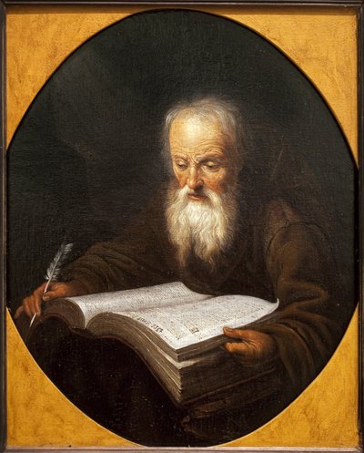 Un monje leyendo, con una pluma en la mano. Pintura de Domenicus Van Tol (1635-1676), óleo sobre lienzo, por Gerrit Dou (1613-1675). Arte flamenco de Dominicus van Tol