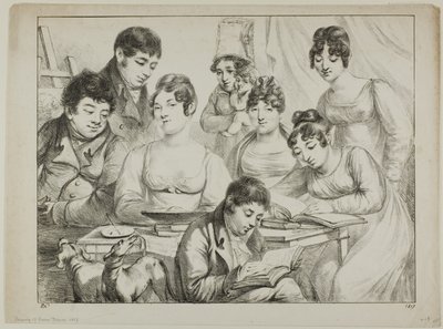 Conversación, una familia dibujando y leyendo, la niñera sosteniendo a un bebé, un retrato del príncipe Edmond de Beauvau detrás de una silla, y retratos de Madame Lavallée y Madame Vallory, ambas sentadas de Dominique Vivant Denon