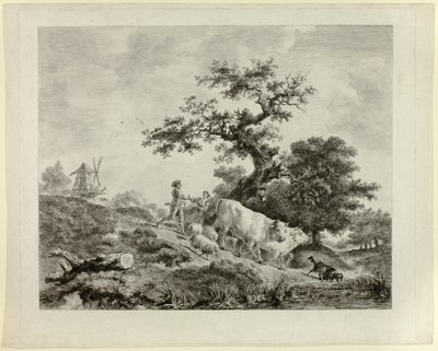 Paisaje con molino de viento, joven y niña y dos bueyes de Dominique Vivant Denon