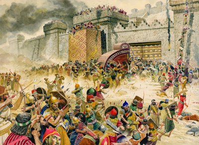 Samaria, ciudad fortaleza de Israel, cae en manos de los asirios (gouache sobre papel) de Don Lawrence