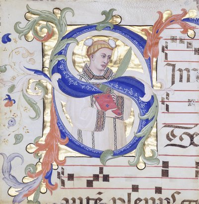 Gran inicial historiada "S" de San Esteban, hacia 1350-1400 (tintas de color y pan de oro sobre vitela). de Don Silvestro dei (circle of) Gherarducci