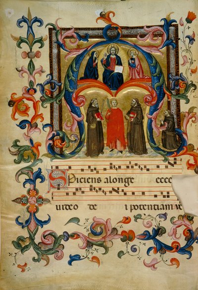 Inicial iluminada con Cristo en gloria (Corale 39, c. 1v), obra para el libro de coro 39 de Santa Maria degli Angeli de la iglesia de San Pancrazio en Florencia de Don Simone Camaldolese