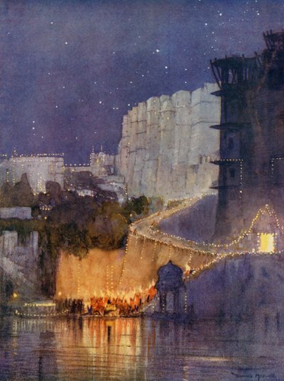 El Príncipe llega al Palacio del Lago, Udaipur (litografía en color) de Donald (after) Maxwell