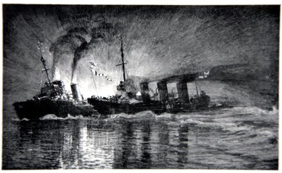 HMS Broke embistiendo al destructor alemán, ilustración de 