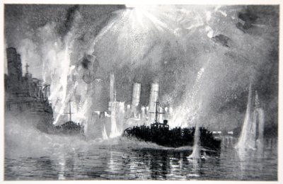 Lanchas motoras rescatando tripulaciones de los barcos bloqueados en Zeebrugge, ilustración de 