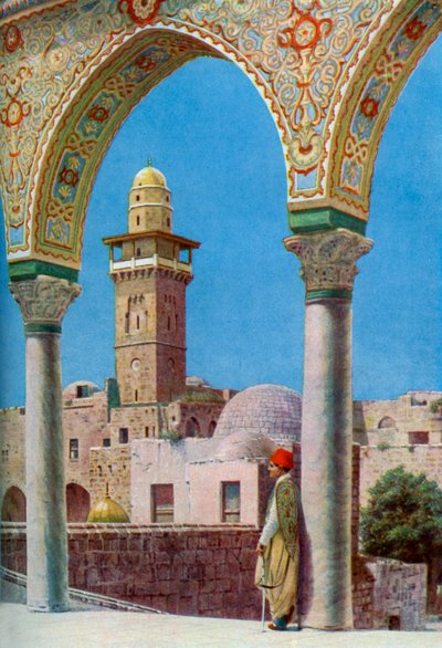 Minarete islámico en el Monte del Templo, Jerusalén, Palestina, c1930s de Donald McLeish