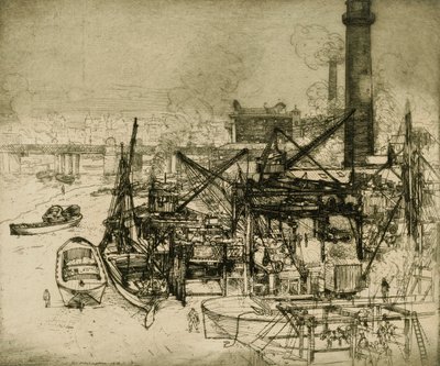 Chimeneas y grúas en el Támesis de Donald Shaw MacLaughlan