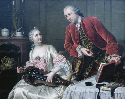 Retrato de Monsieur y Madame de Corcelles tocando música en un interior de Donat Nonotte