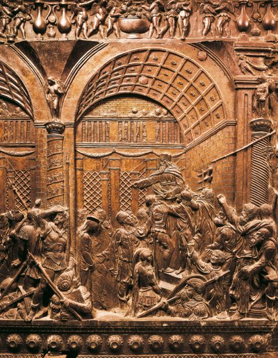Arte del Renacimiento (Quattrocento): Cristo llevado ante Caifás. 1460. Bajorrelieve en bronce de Donatello