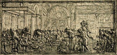Milagro del corazón del avaro, altar de San Antonio, relieve en bronce de Donatello, basílica de San Antonio de Padua, Padua, Véneto, Italia, xilografía de Le cento citta d