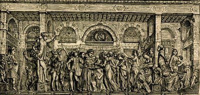 Milagro del recién nacido que habla, altar de San Antonio, relieve en bronce de Donatello, basílica de San Antonio de Padua, Padua, Véneto, Italia, xilografía de Le cento citta d