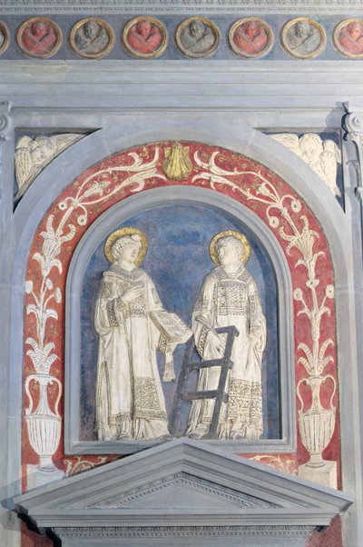 San Lorenzo y San Esteban, escultura en bajo relieve sobre la puerta norte, c.1440 (terracota) de Donatello