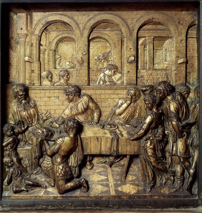 El banquete de Herodes Antipas II (21 a.C.-39 d.C.). Detalle del relieve inferior de la pila bautismal realizada por Donato di Niccolò di Betto Bardi, conocido como Donatello (1386-1466) de Donatello