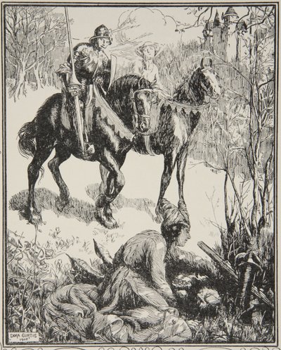 Una dama llorando amargamente, ilustración de "Historias del Rey Arturo y la Mesa Redonda" de Beatrice Clay de Dora Curtis