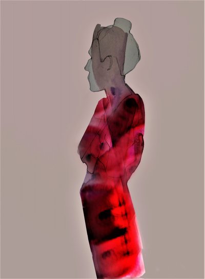 Mujer roja contemplativa de Doris Schmitz