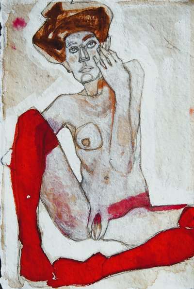 Desnudo sentado con calcetines rojos de Doris Schmitz