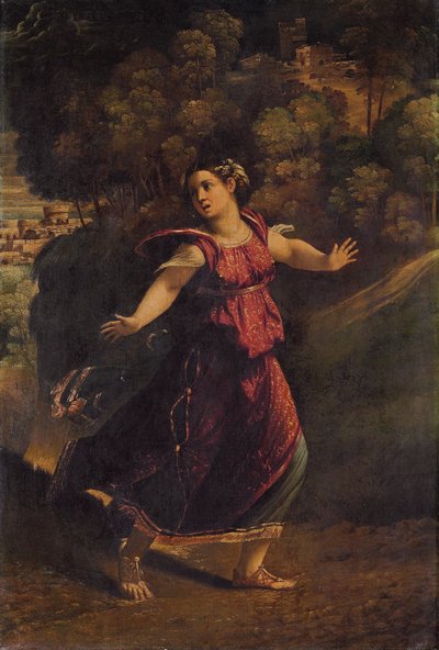 Una mujer huyendo por un sendero boscoso, c.1520s de Dosso Dossi