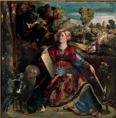 Circe la maga. La bruja está representada en su isla con vegetación exuberante, acompañada de un perro, armaduras están en el suelo. Pintura de Giovanni Luteri llamado Dosso Dossi (ca. 1489-1542) 1530 aprox. Dim. 176x174 cm Roma Galleria Borghese de Dosso Dossi