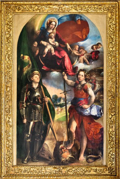 Virgen con el Niño Jesús y San Jorge y San Miguel Arcángel, c.1518 (óleo sobre tabla) de Dosso Dossi