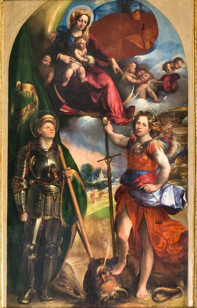 Virgen con el Niño Jesús y San Jorge y San Miguel Arcángel, c.1518 (óleo sobre tabla) de Dosso Dossi