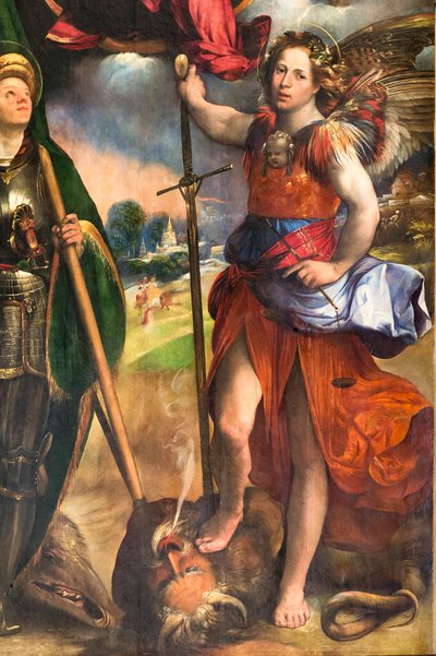Virgen con el Niño Jesús y San Jorge y San Miguel Arcángel, detalle de 2384617, c.1518 (óleo sobre tabla) de Dosso Dossi