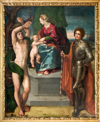 Virgen con el Niño Jesús y San Sebastián y San Jorge, detalle de Dosso Dossi