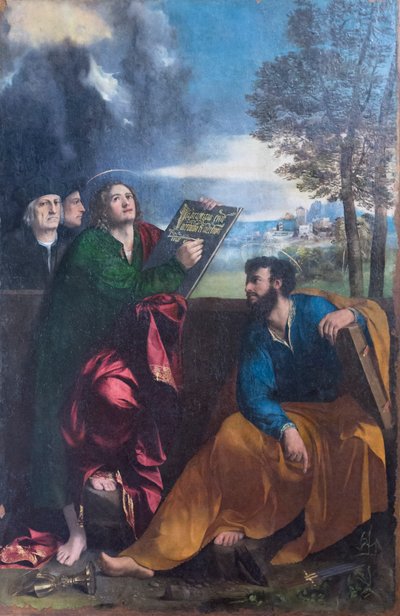 San Juan Evangelista y San Bartolomé con Pontichino della Sale y un miembro de su familia de Dosso Dossi