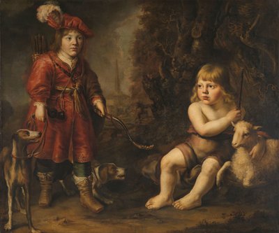 Retratos de dos niños en un paisaje, uno vestido de cazador y el otro de San Juan Bautista de Douwe Juwes de Dowe