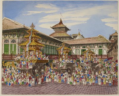 T viaje de soltera. Tri Temple Cars Outside T Hanuman Dhoka, Katmandú (Black Litho) de Dr. Henry Ambrose Oldfield