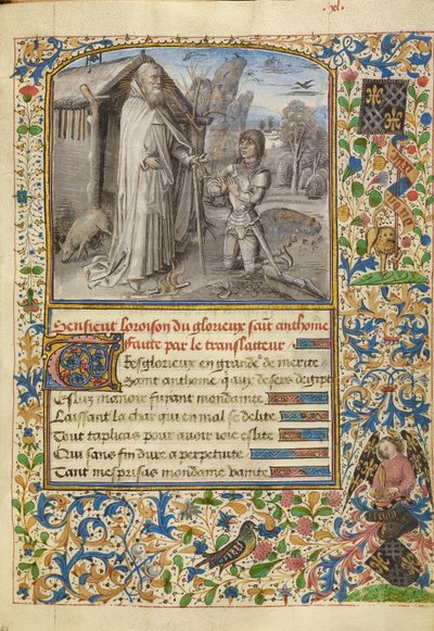 Joven caballero con armadura arrodillado en oración ante San Antonio de Dreux Jean
