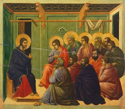 Cristo es separado de los apóstoles, (detalle) de azulejo de Episodios de la Pasión y Resurrección de Cristo, superficie inversa de la Maestà del Altar de Duccio en la Catedral de Siena de Duccio di Buoninsegna