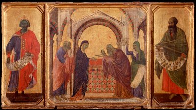 Vida de Cristo: Rey Salomón, la presentación en el templo, Malaquías. Predela de La Maestà de Duccio di Buoninsegna