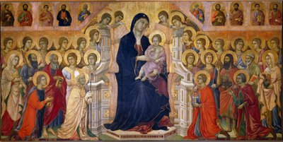 Maestà Madonna con el niño en el trono venerada por santos y ángeles de Duccio di Buoninsegna