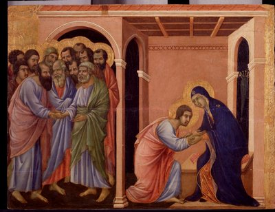 María se despide de Juan, en el exterior, los apóstoles Pedro y Pablo se dan la mano. (detalle) de Duccio di Buoninsegna