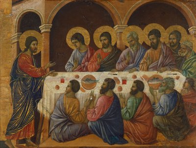 La Última Cena, (detalle) de azulejo de Episodios de la Pasión y Resurrección de Cristo, superficie inversa de la Maestà del Altar de Duccio en la Catedral de Siena de Duccio di Buoninsegna